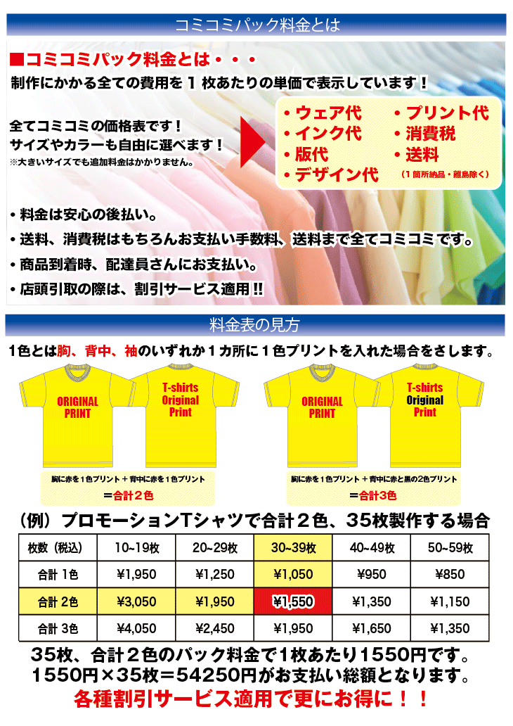 コミコミパック料金とは Tシャツオリジナルプリント専門店 Top トップ